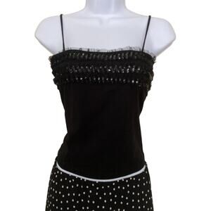 Vintage 90s Y2k Black Square Neck Girly Mesh Ruffle Sequin Cropped Cami S/M